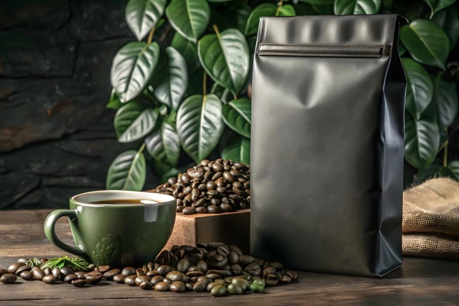 Coffee beans in a pouch and cup of coffee next to each other.